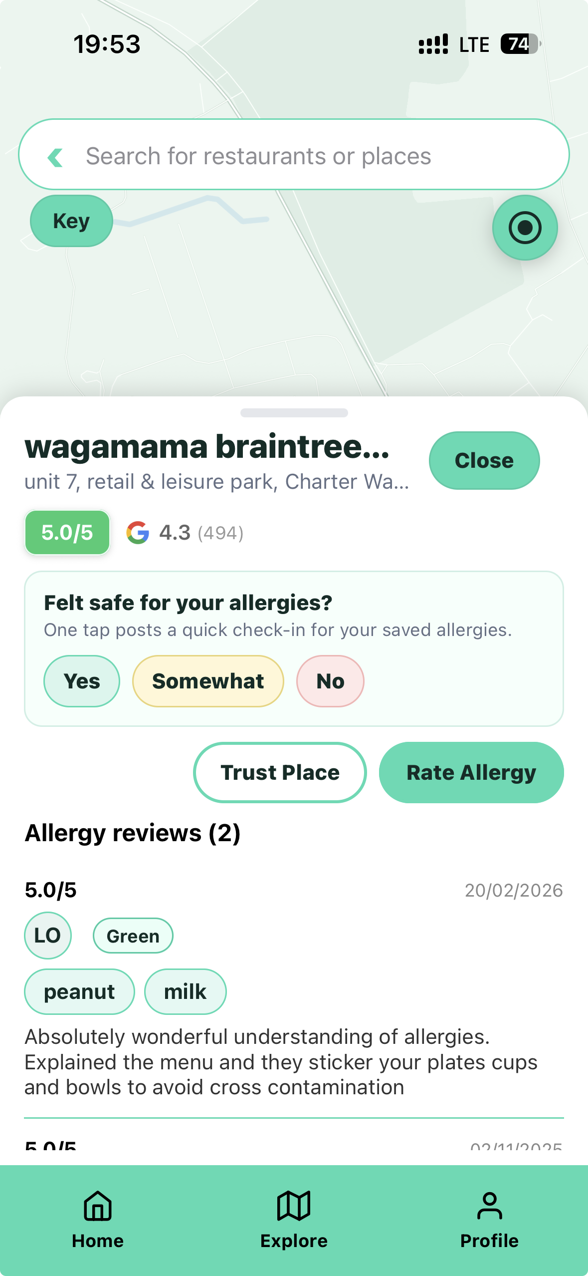 Allergy Advisor app showing allergy restaurant reviews