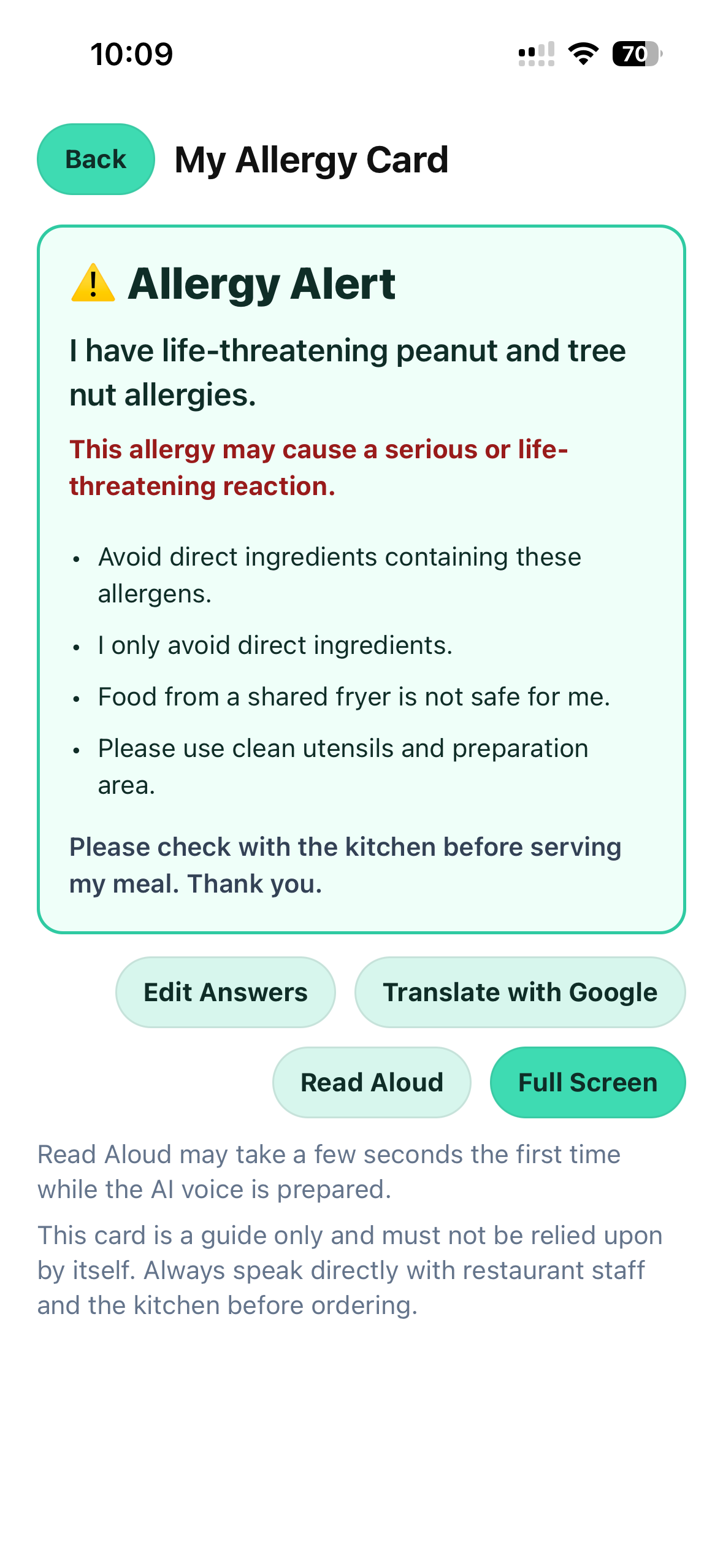 English Allergy Card