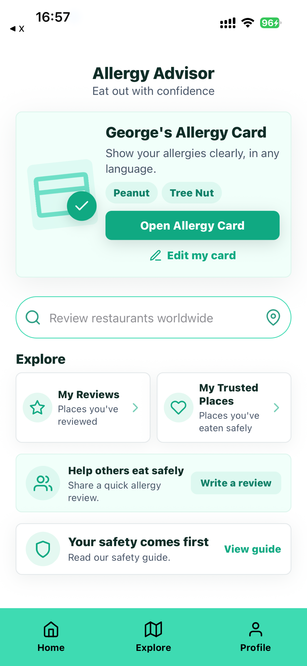 Allergy Advisor home screen with translated Allergy Card