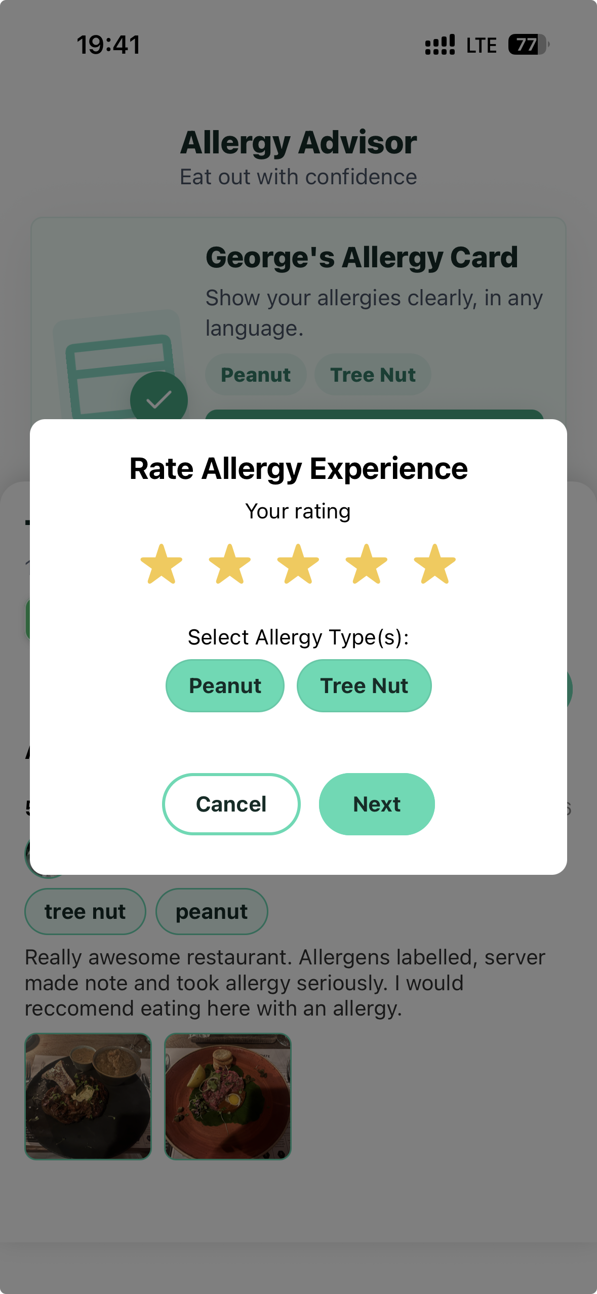 Review flow for rating an allergy restaurant experience