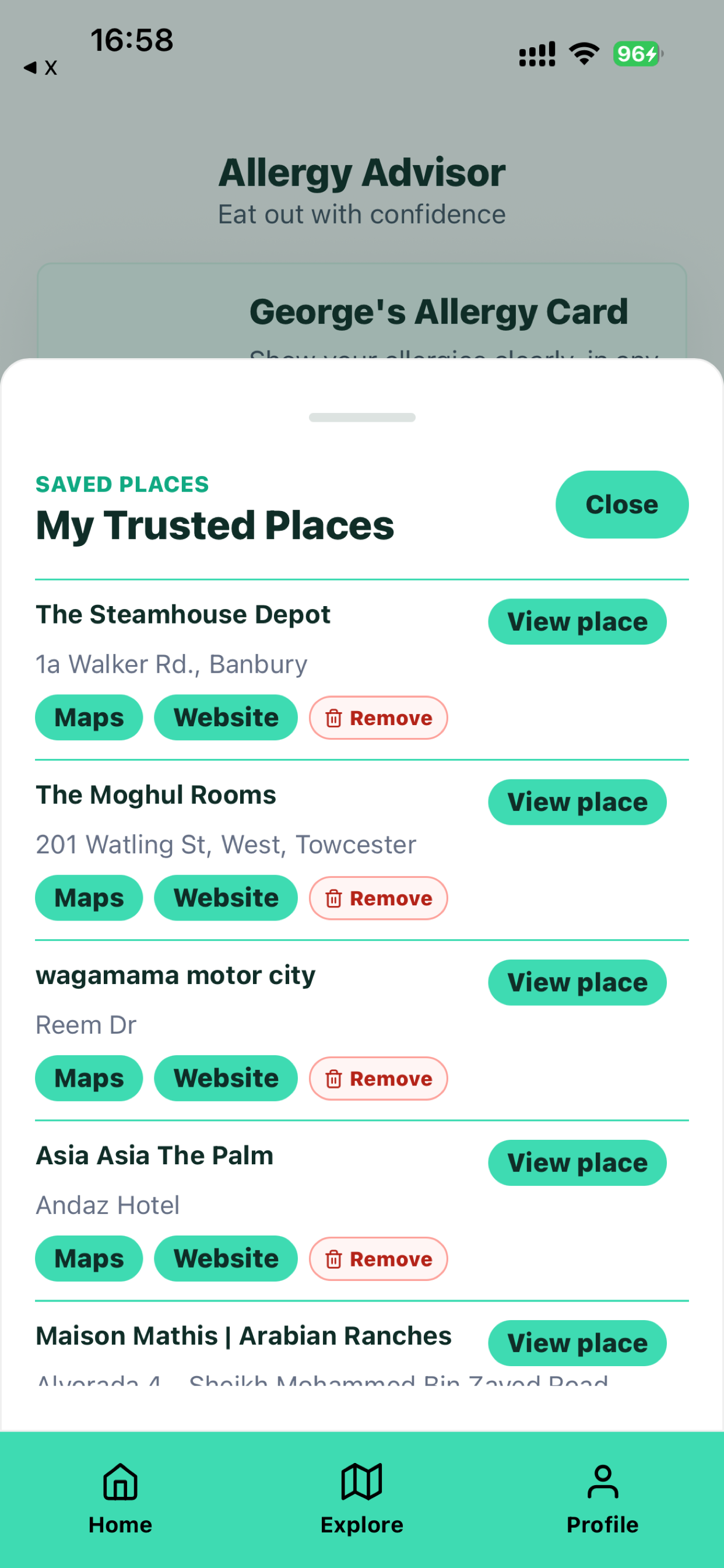 Trusted places list for allergy-safe restaurants
